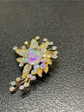 137 Gold-Tone Aurora Borealis Crystal Floral Brooch - Iridescent
